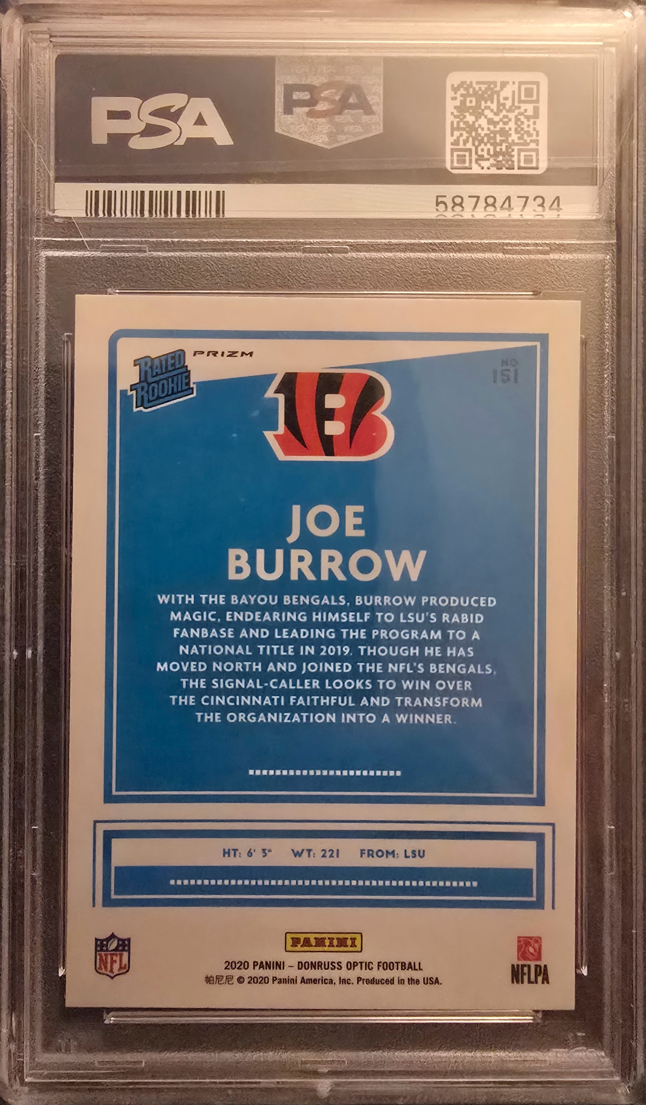 2020 PANINI DONRUSS OPTIC BLUE HYPER ROOKIE CARD #151 JOE BURROW PSA 10