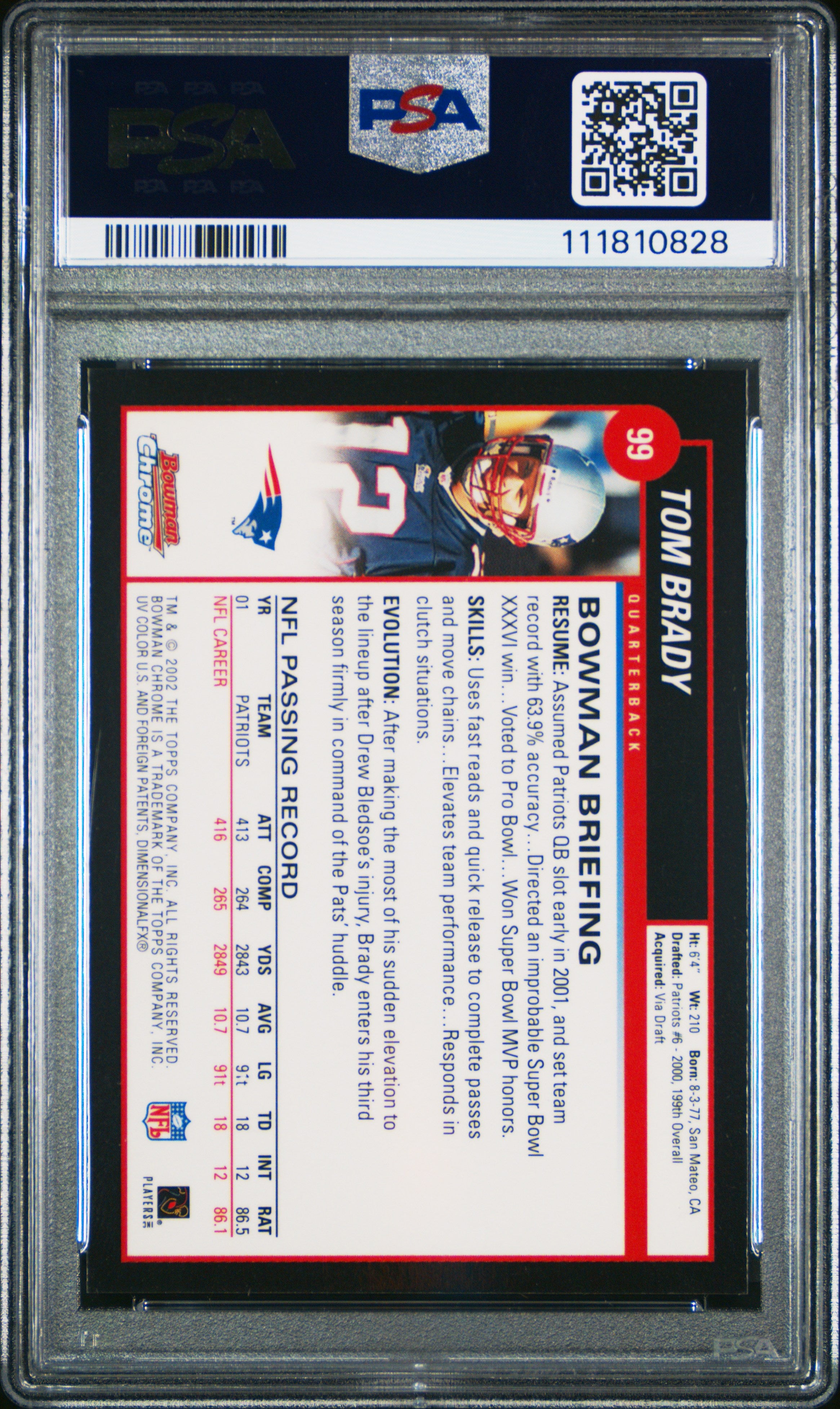 2002 BOWMAN CHROME TOM BRADY 99 PSA 10