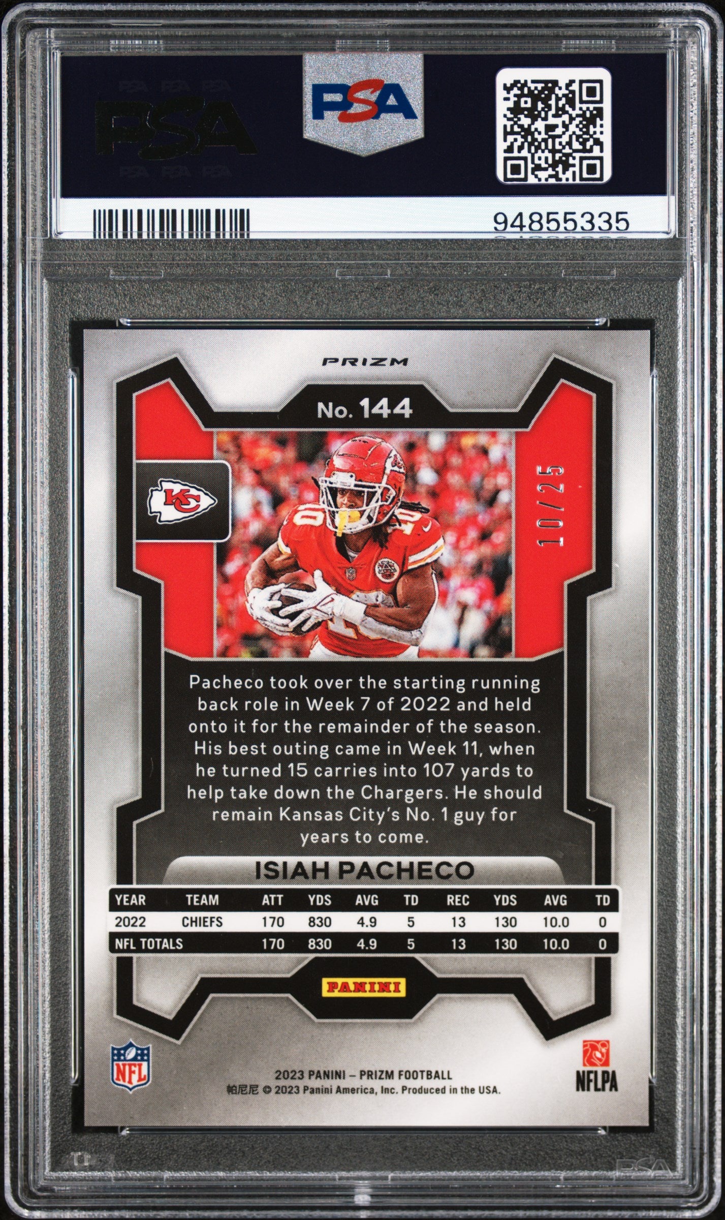 2023 PRIZM NAVY CAMO 144 ISIAH PACHECO 10/25 PSA 9