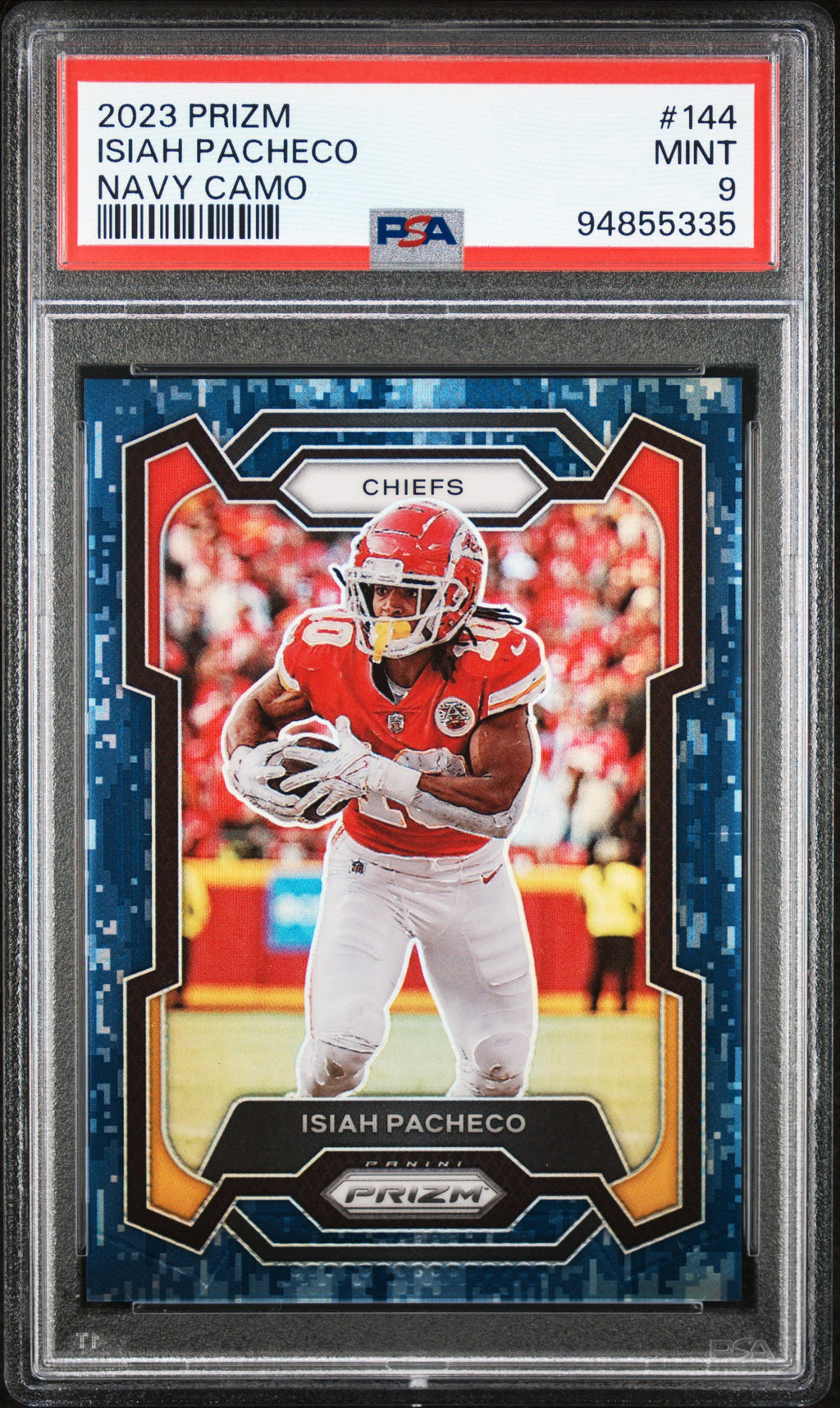 2023 PRIZM NAVY CAMO 144 ISIAH PACHECO 10/25 PSA 9