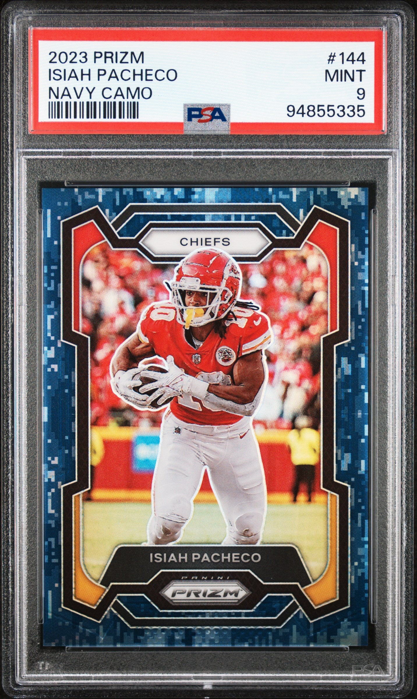2023 PRIZM NAVY CAMO 144 ISIAH PACHECO 10/25 PSA 9