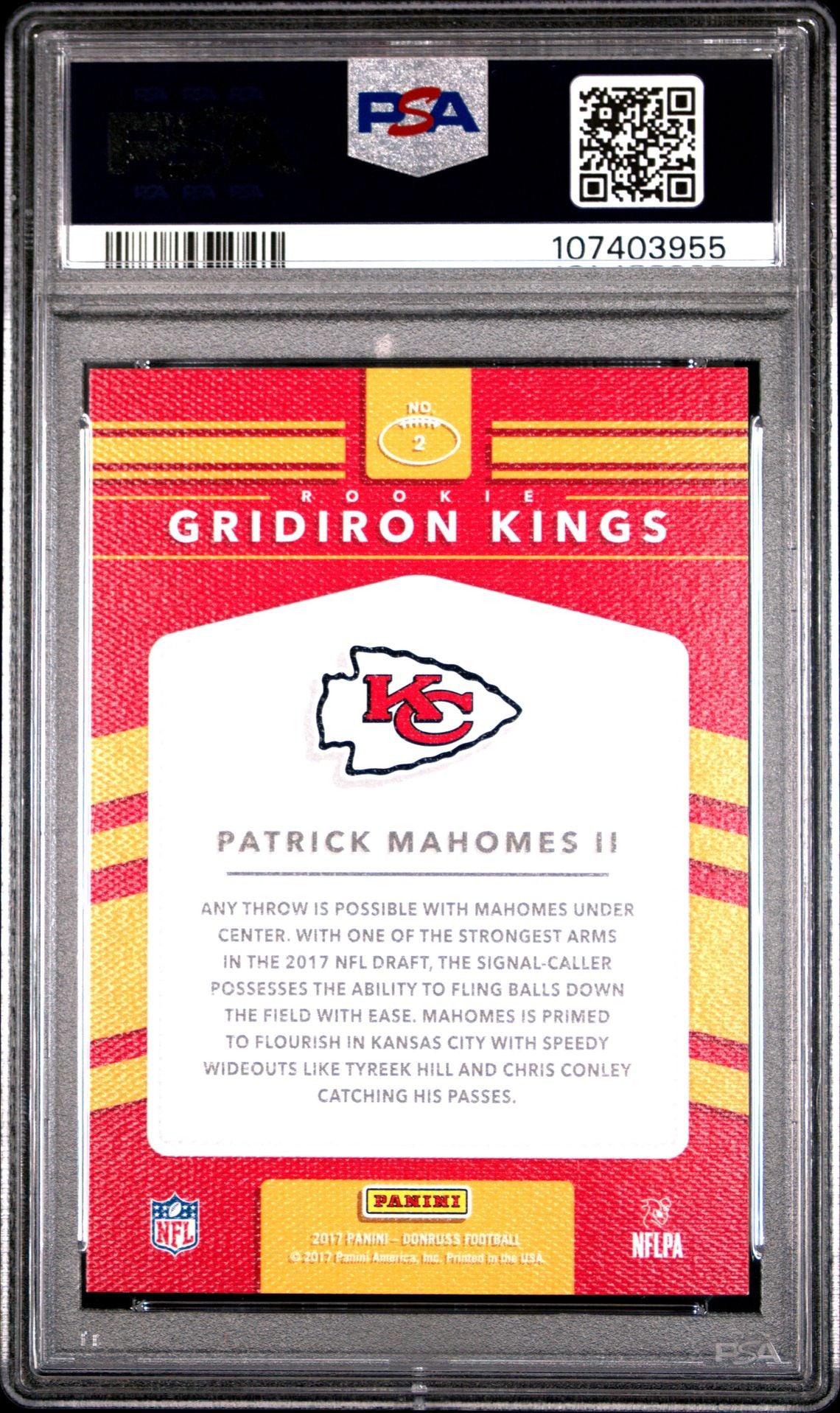 2017 PANINI DONRUSS PATRICK MAHOMES #2 ROOKIE GRIDIRON KINGS PSA 8