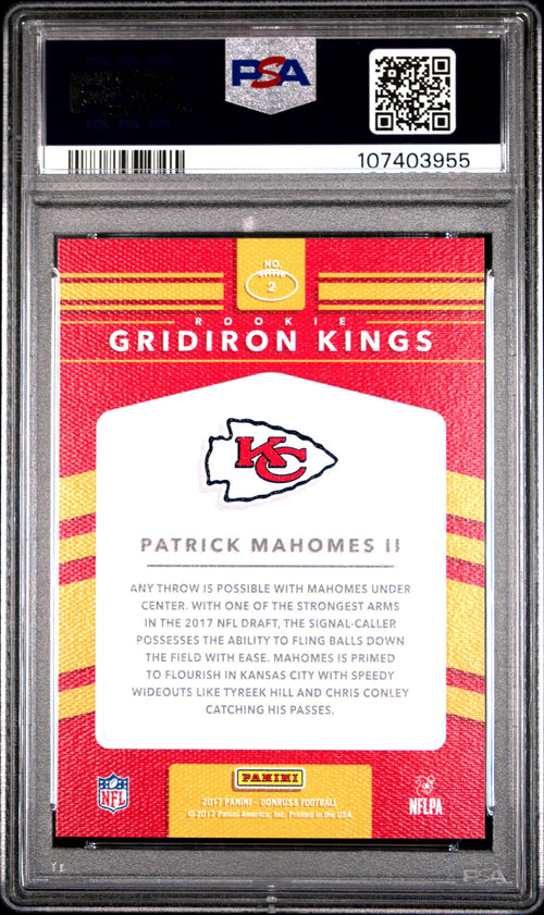 2017 PANINI DONRUSS PATRICK MAHOMES #2 ROOKIE GRIDIRON KINGS PSA 8