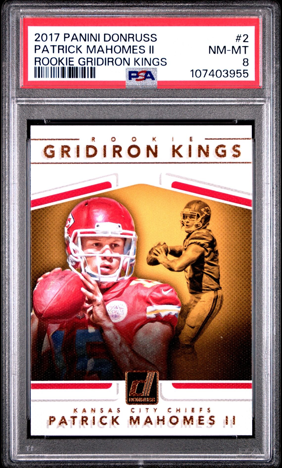 2017 PANINI DONRUSS PATRICK MAHOMES #2 ROOKIE GRIDIRON KINGS PSA 8